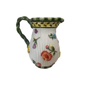 FITZ AND FLOYD Floral Ceramic Pitcher Braided Handle Embossed 3D Flowers As Is